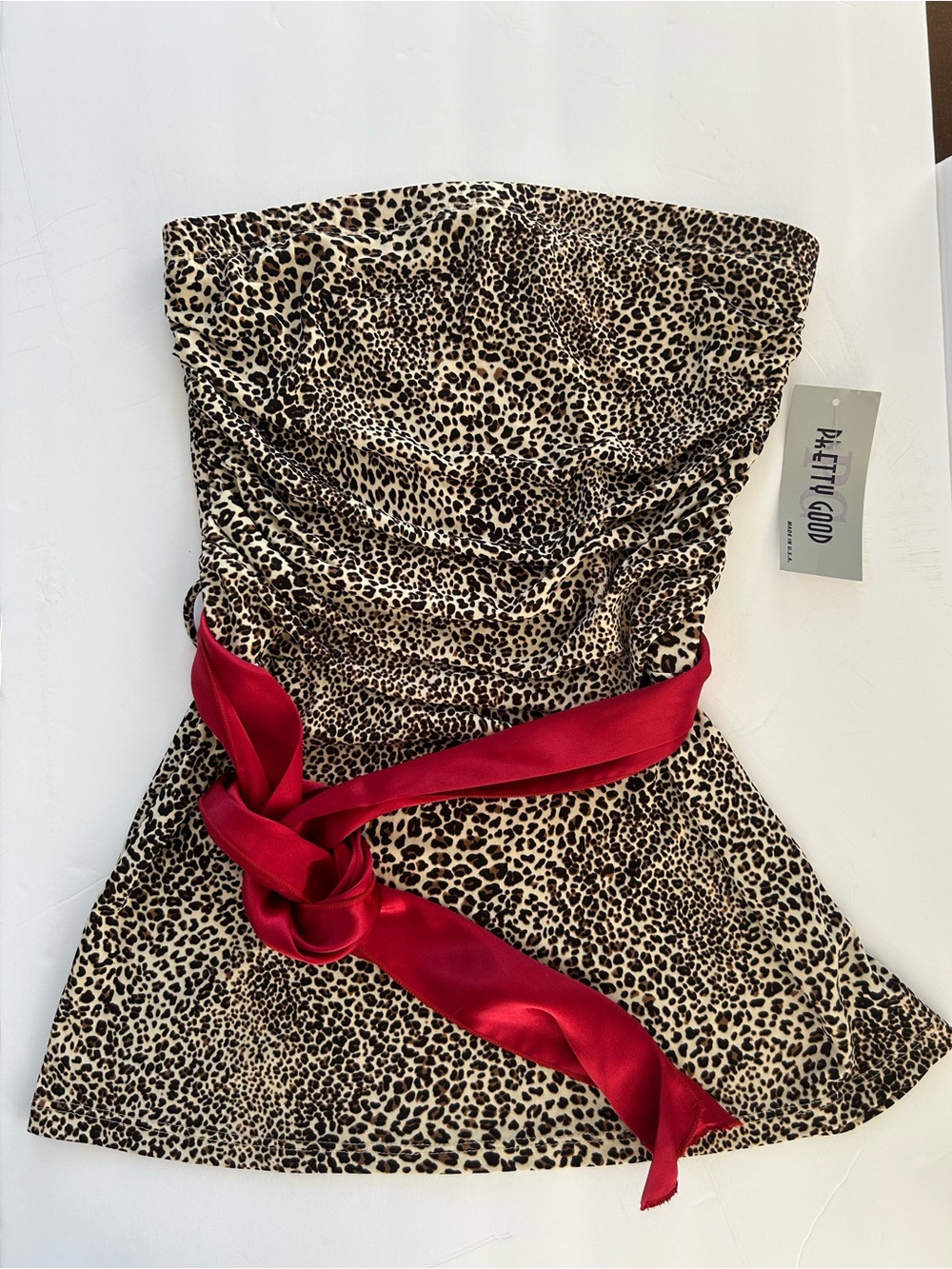 Leopard Print Strapless top with Red Sash